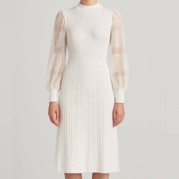 Nanette Lepore Dresses & Skirts - 🆕 White Ribbed Knit Dress with Lace Sleeves